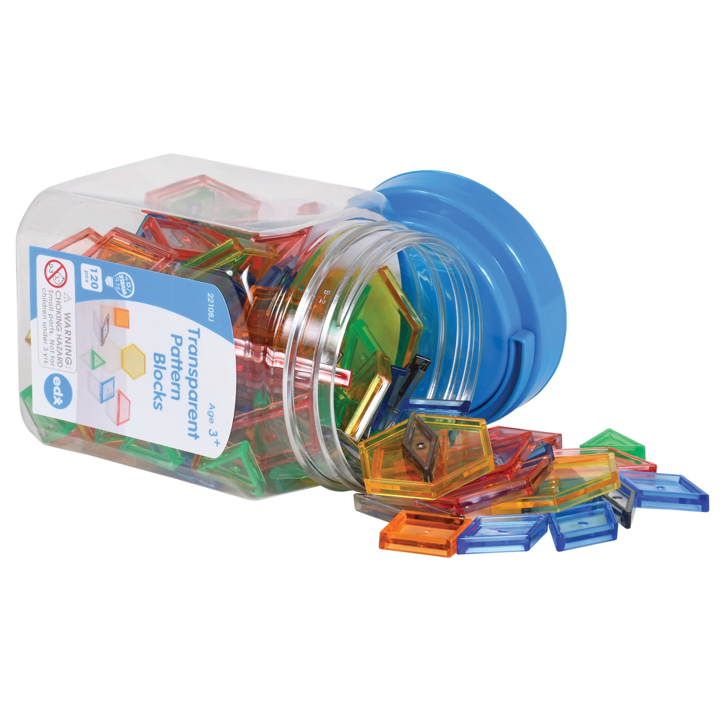Blue jar tipped over spilling colorful transparent pattern blocks in red, orange, yellow, green, and blue geometric shapes