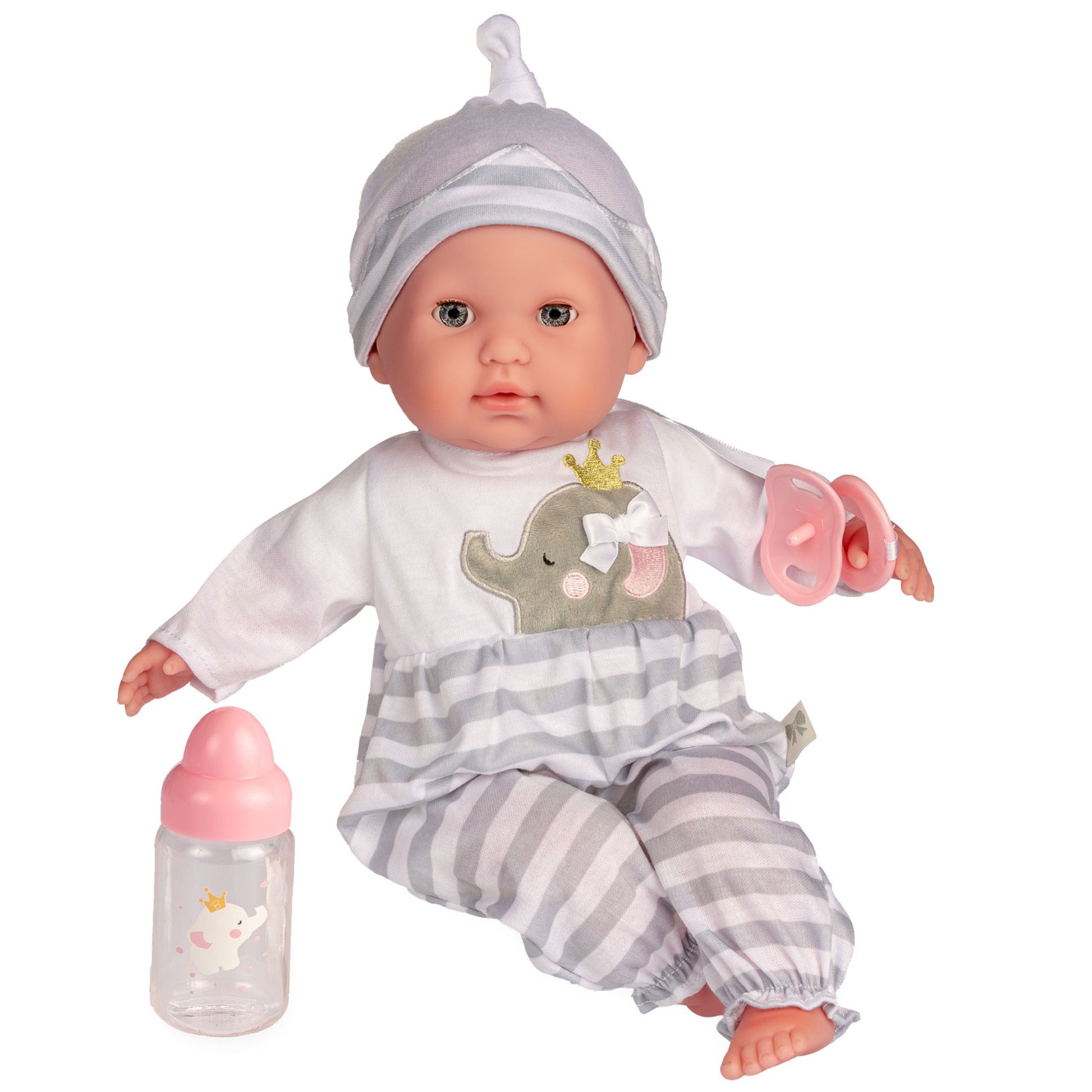 JC Toys Nonis Boutique 15" grey baby doll with bottle and pacifier included