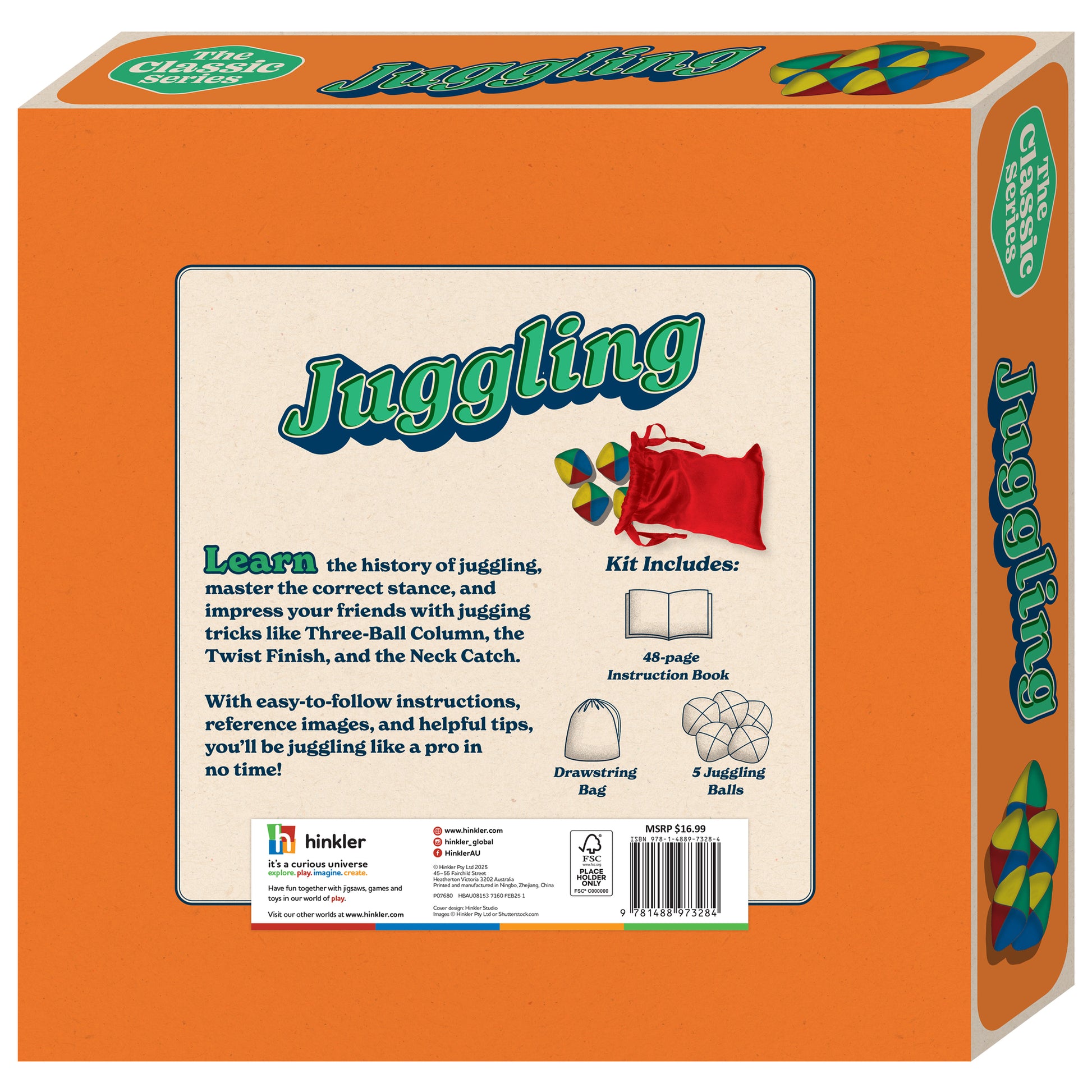 Hinkler Learn Juggling Kit with orange box, instruction book, drawstring bag, and colorful juggling balls