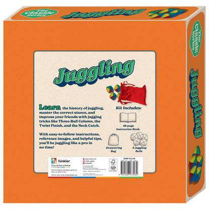 Hinkler Learn Juggling Kit with orange box, instruction book, drawstring bag, and colorful juggling balls