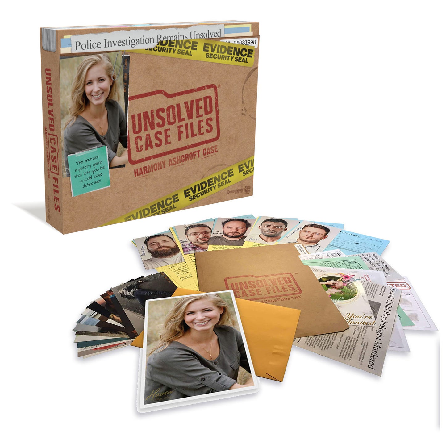 Unsolved Case Files interactive detective game box showing police investigation theme with evidence seal tape, displayed with game components including suspect