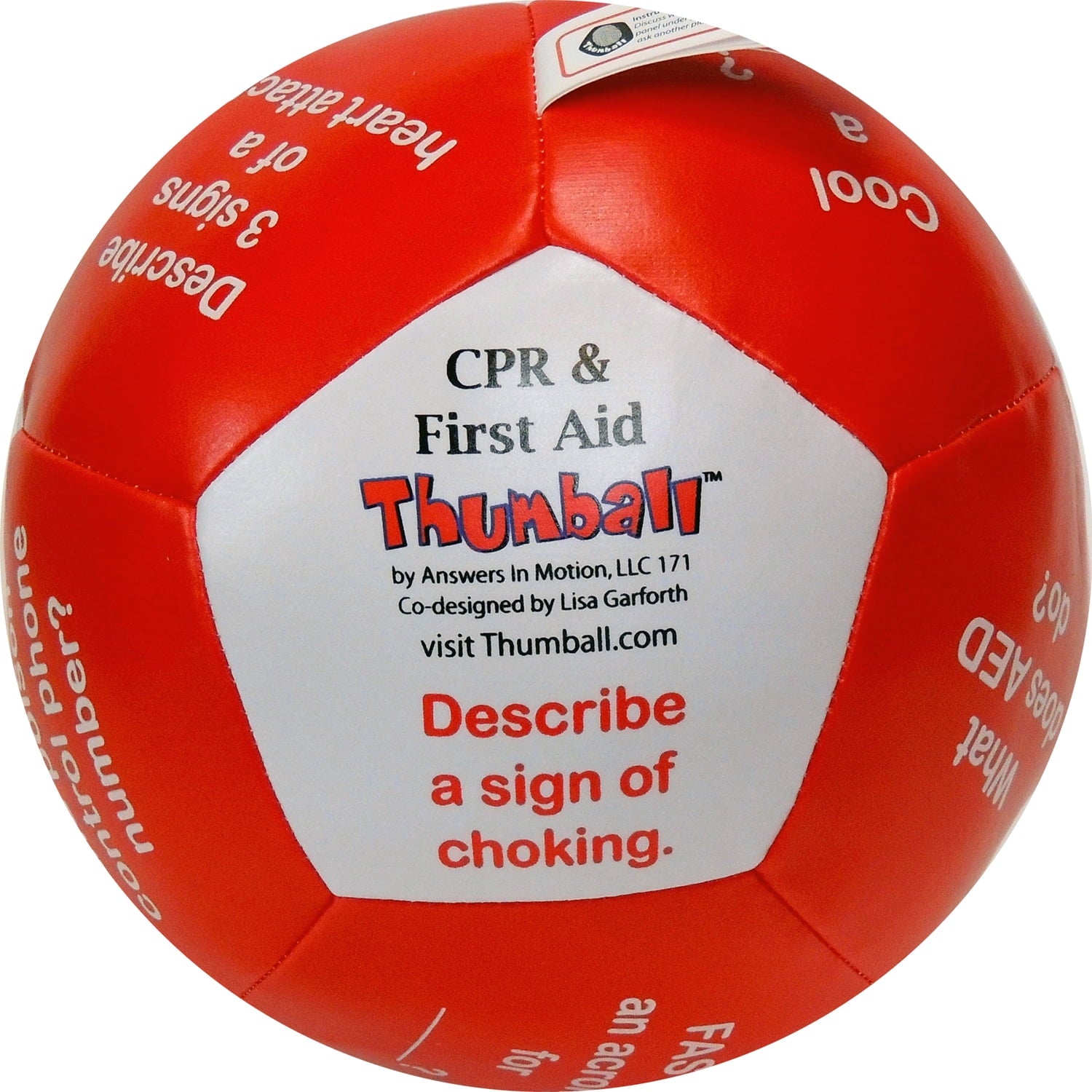 Red Thumball CPR & First Aid learning ball with white panel showing text and instructions for educational play