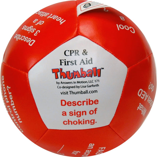 Red Thumball CPR & First Aid learning ball with white panel showing text and instructions for educational play