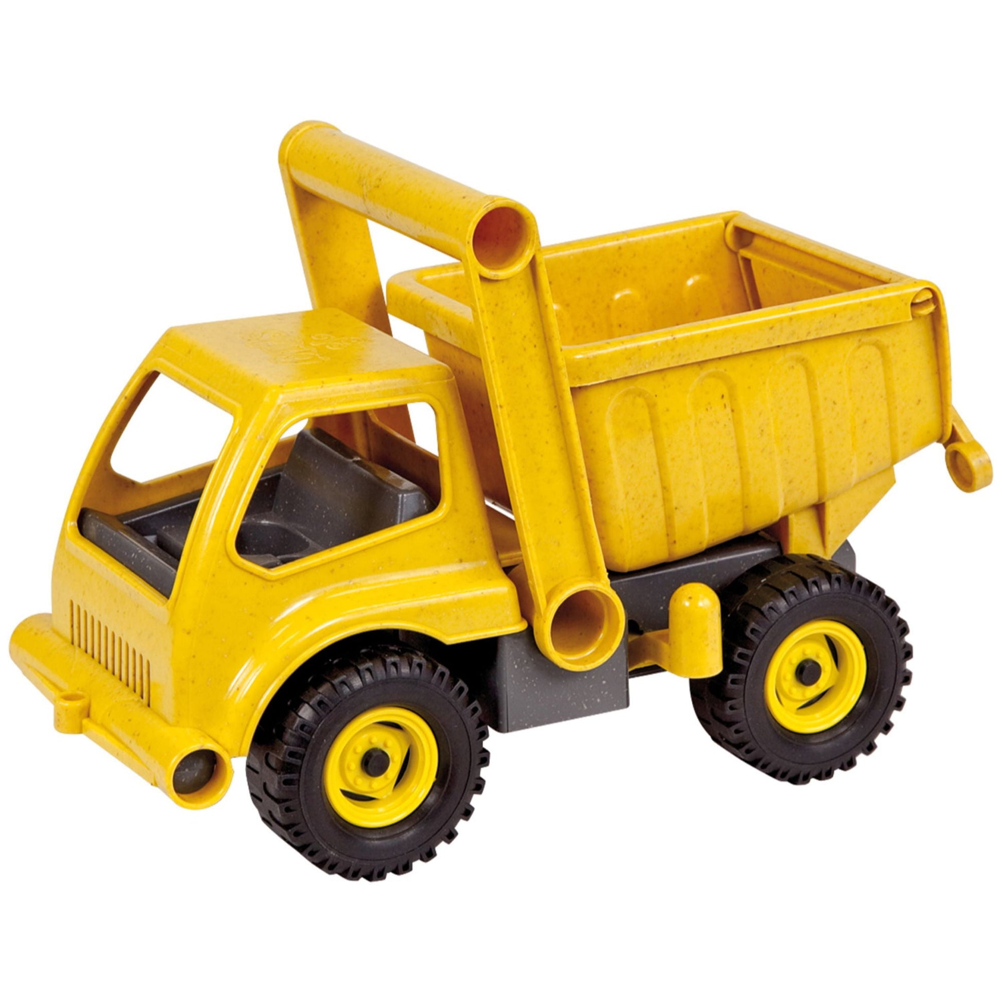 Yellow dump truck toy with black tires, articulated arm, and tilting cargo bed on plain white background