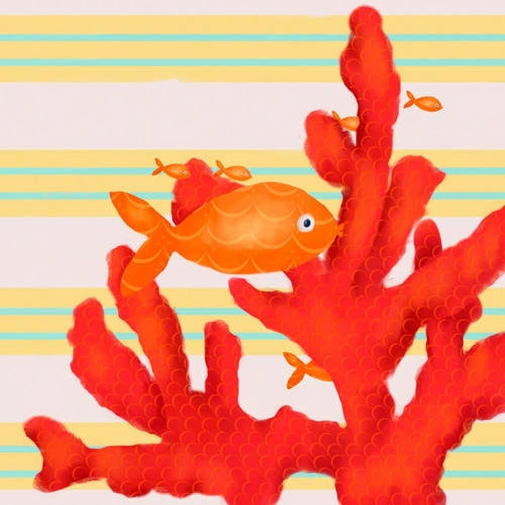 Illustrated canvas art with yellow and blue striped background, red coral formations, orange fish, and small orange fish swimming among the coral