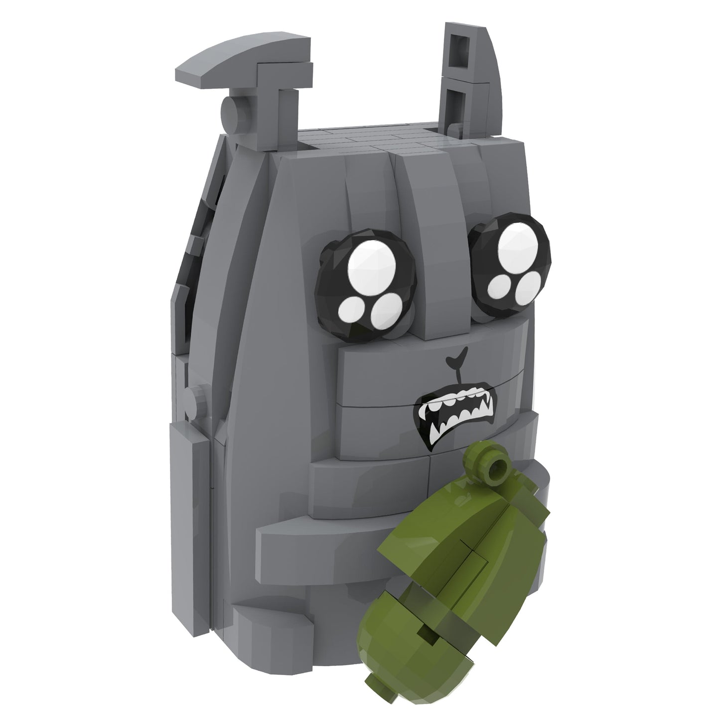 Gray buildable character with large white eyes, grinning teeth, and green articulated arms on plain background