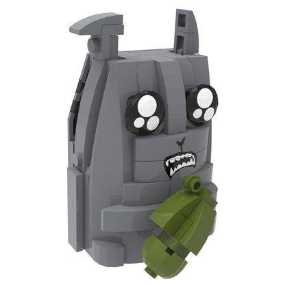 Gray buildable character with large white eyes, grinning teeth, and green articulated arms on plain background