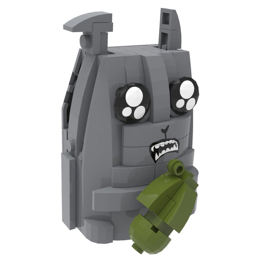 Gray buildable character with large white eyes, grinning teeth, and green articulated arms on plain background