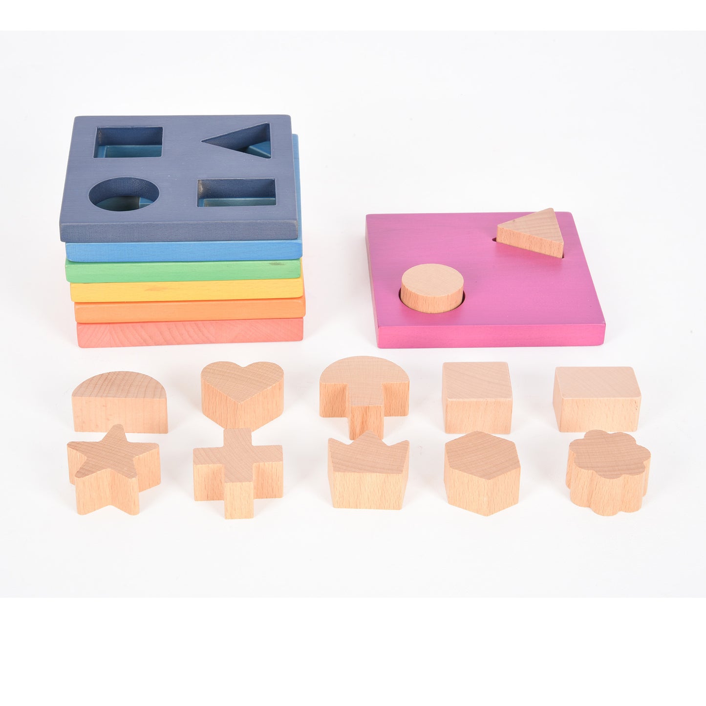 Wooden shape sorter with stacked colorful boards in rainbow colors and wooden shape pieces including star, heart, and geometric shapes