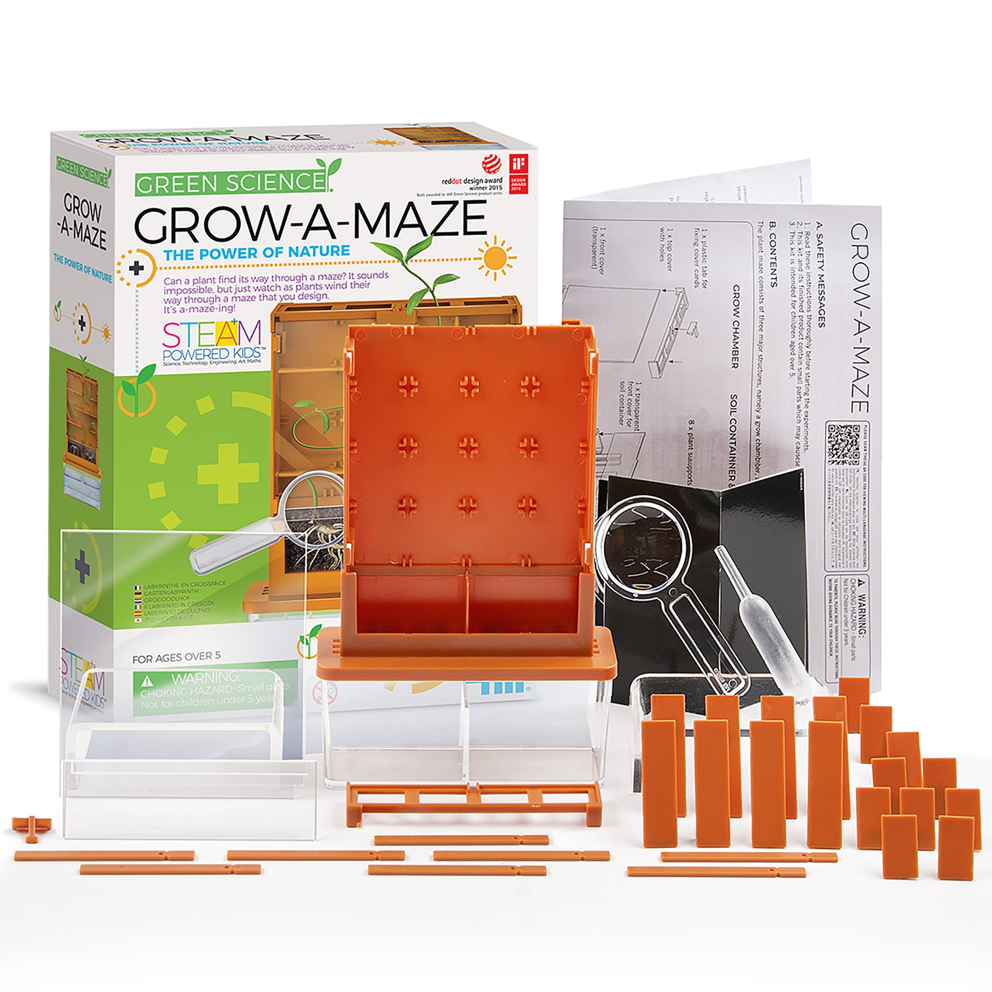 Green Science Grow-A-Maze STEAM kit with orange maze components and instruction manual
