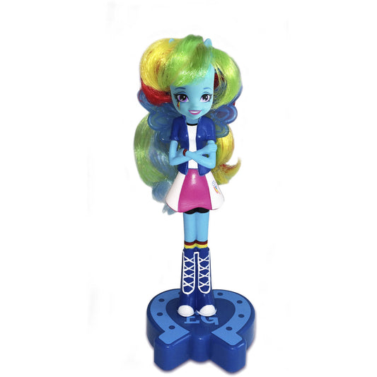 Rainbow Dash doll pen with multicolored yellow, green, and blue hair, blue skin, dark blue jacket, pink skirt, and lace-up boots on blue flower-shaped base