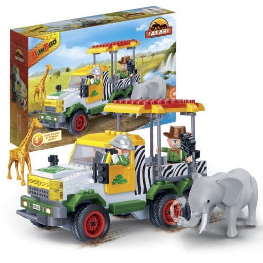 BanBao Wild Safari Adventure Jeep building set with yellow and green safari vehicle, elephant figurine, and zebra-striped canopy station; includes minifigures a