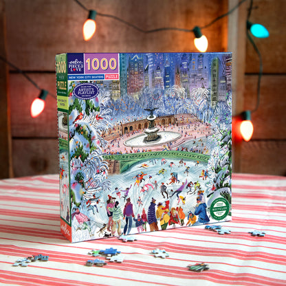 eeBoo New York City Skaters 1000 piece puzzle featuring snowy Central Park scene with colorful skaters