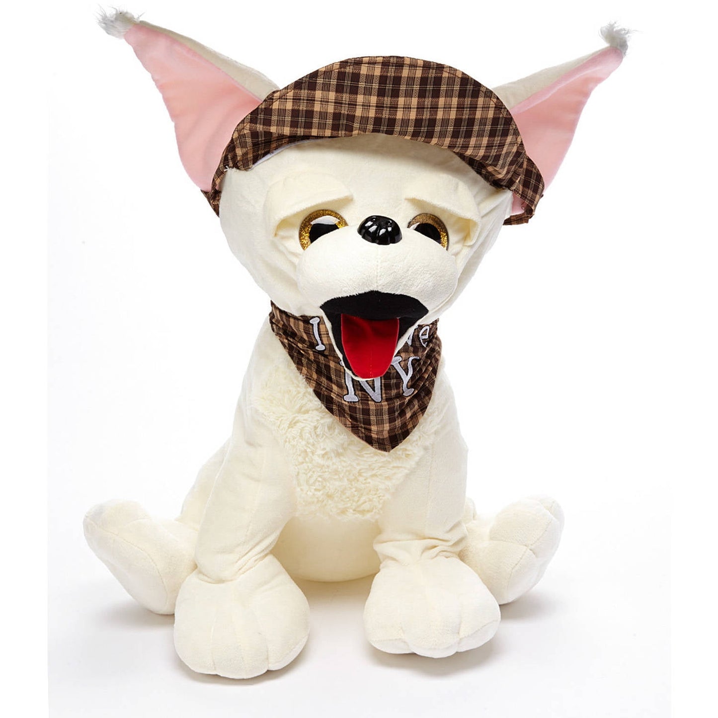 White plush chihuahua with pink inner ears, brown plaid hat and bandana, gold-rimmed eyes, red tongue, sitting position