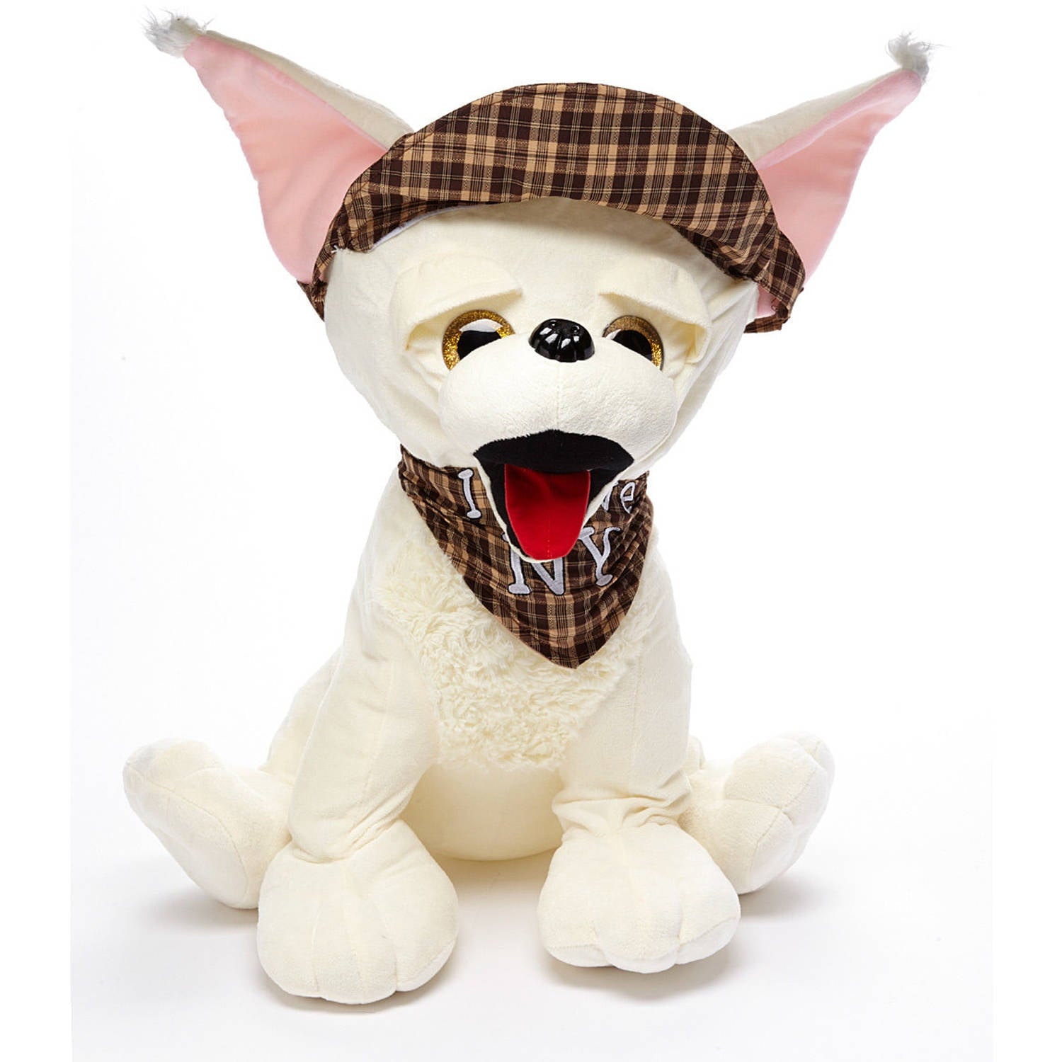 White plush chihuahua with pink inner ears, brown plaid hat and bandana, gold-rimmed eyes, red tongue, sitting position