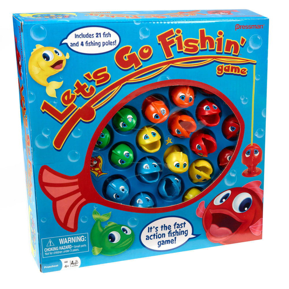 Let's Go Fishin' game box showing red fish-shaped board with 21 colorful magnetic fish in green, yellow, blue, and red, four fishing poles, and cartoon fish cha