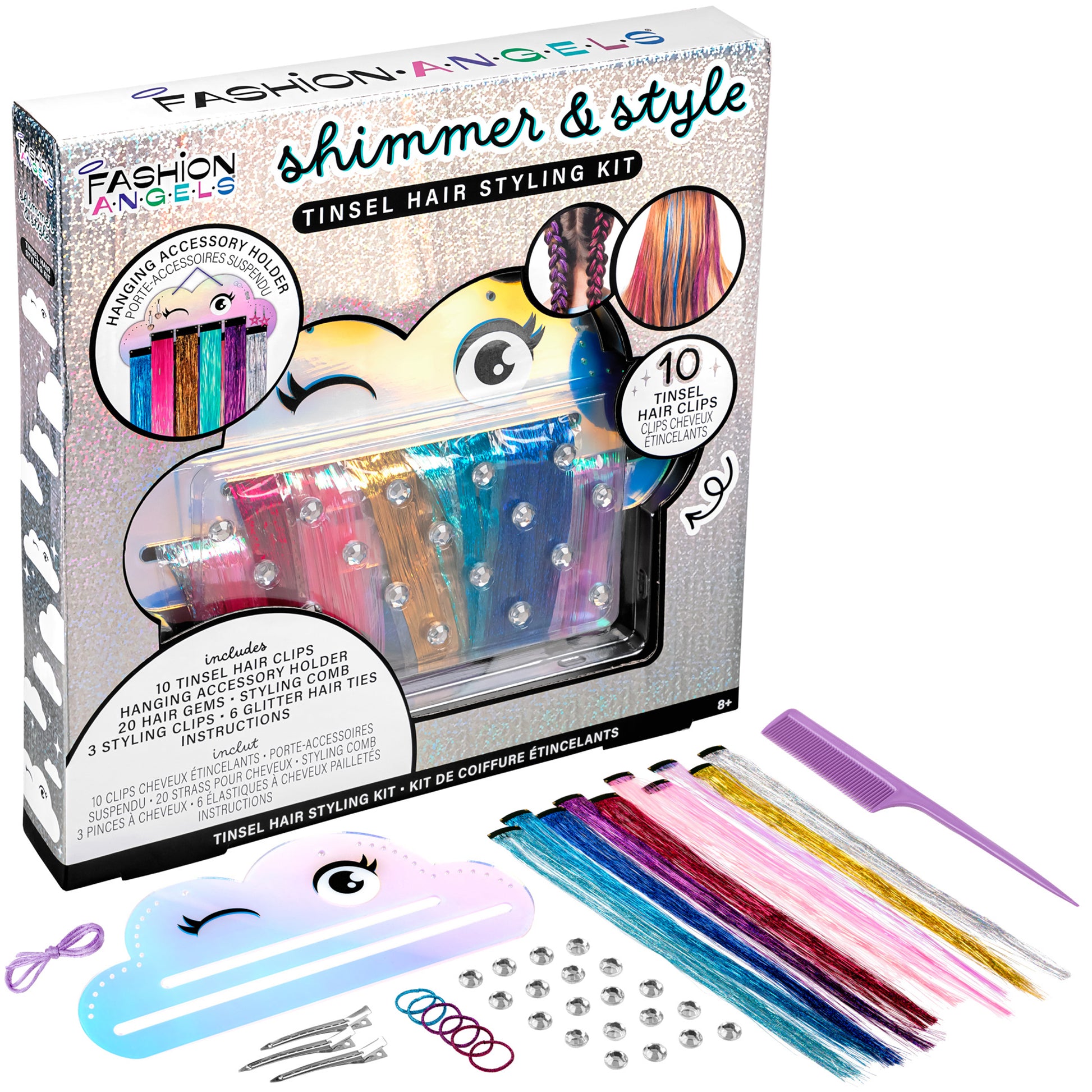 Fashion Angels Shimmer & Style Tinsel Hair Styling Kit with colorful hair clips, gems, and accessories