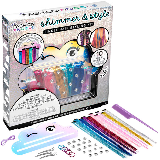 Fashion Angels Shimmer & Style Tinsel Hair Styling Kit with colorful hair clips, gems, and accessories
