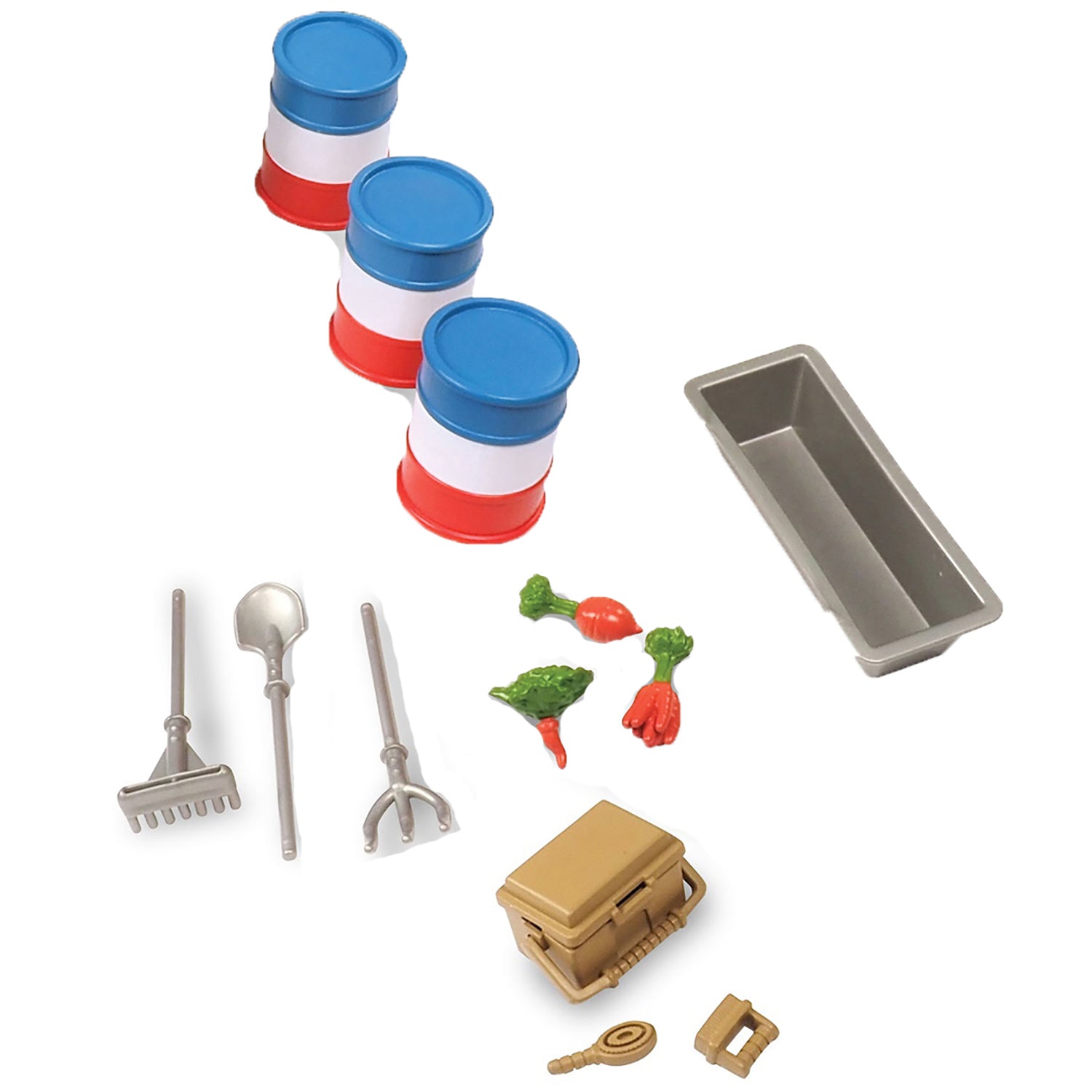 Trailer Playset Truck & Horse 24pc with blue storage containers, gardening tools, and vegetables
