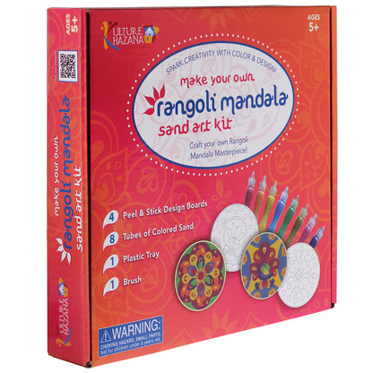 Make Your Own Rangoli Mandala Sand Art Kit by Culture Hazana with colored sand tubes and design boards