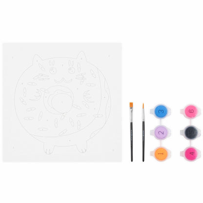 Mini Paint By Number Kawaii Cat Donut kit with brushes and colorful paints