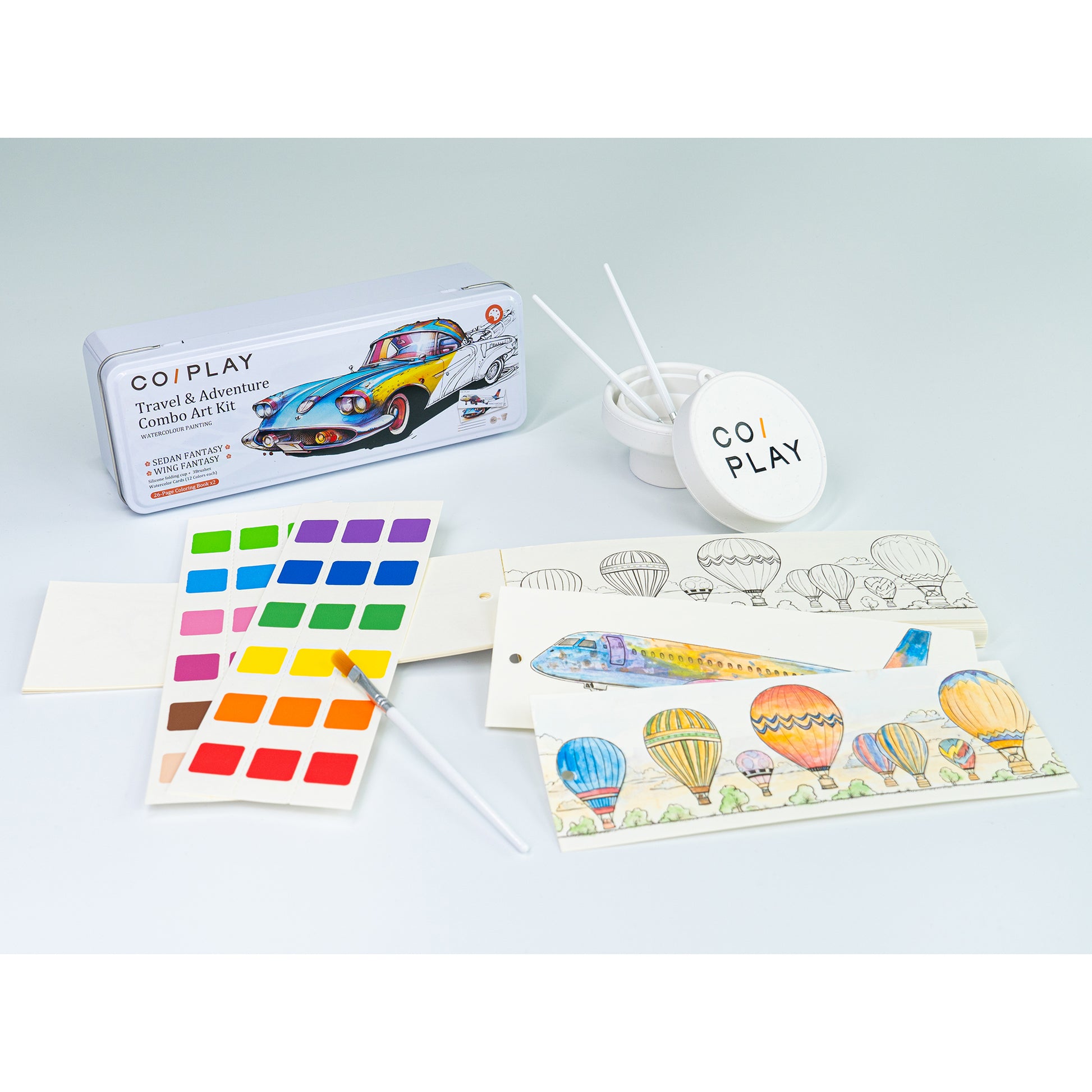 COIPLAY Watercolor Art Kit with travel-themed coloring pages, paint palette, and brush