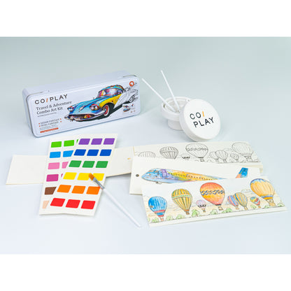 COIPLAY Watercolor Art Kit with travel-themed coloring pages, paint palette, and brush