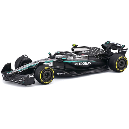 Bburago 1:64 Mercedes W16 Formula Racing diecast car with George Russell blister card, black with teal and white accents