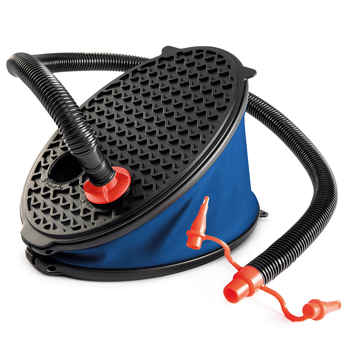 Blue and black foot pump with textured circular base, two black flexible hoses with red nozzles for inflating and deflating air toys