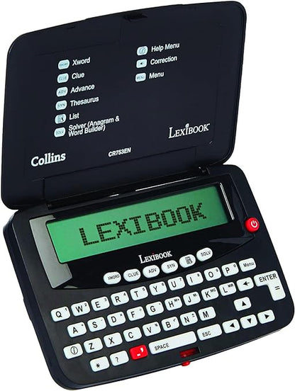 Collins Lexibook electronic crossword solver with green display screen showing menu options including Xword, Clue, Advance, Thesaurus, and List Solver, QWERTY k