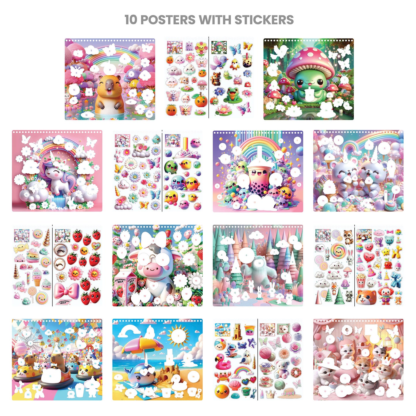 Capybara & Co Coloring & Collage Activity Set with 10 posters and colorful stickers