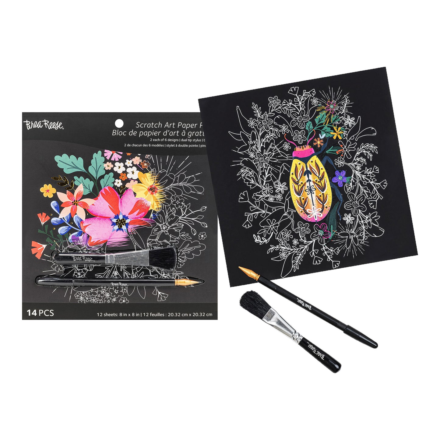 Scratch Art Paper Pad - Mystical with colorful floral designs, brushes, and black scratch sheets
