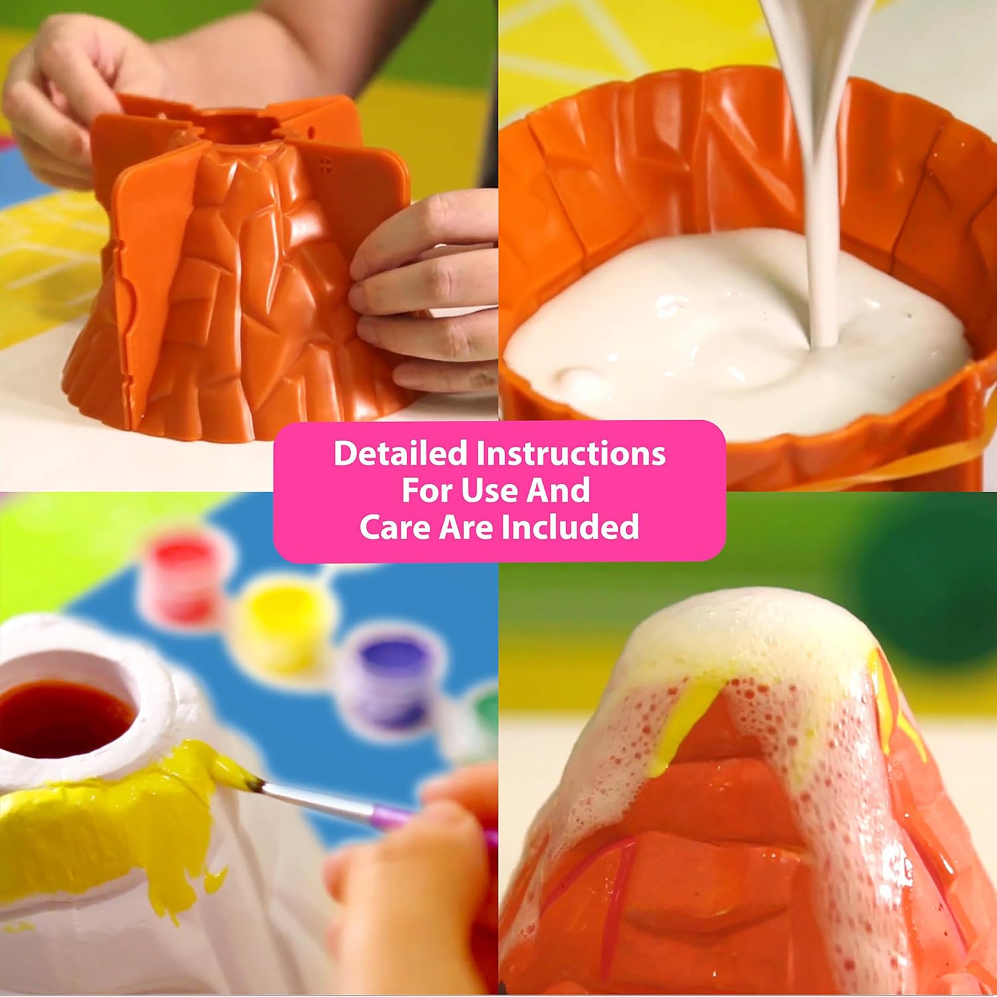 KidzLabs Volcano Making Kit with orange volcano mold, white foam mixture, and colorful paint containers
