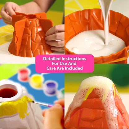 KidzLabs Volcano Making Kit with orange volcano mold, white foam mixture, and colorful paint containers