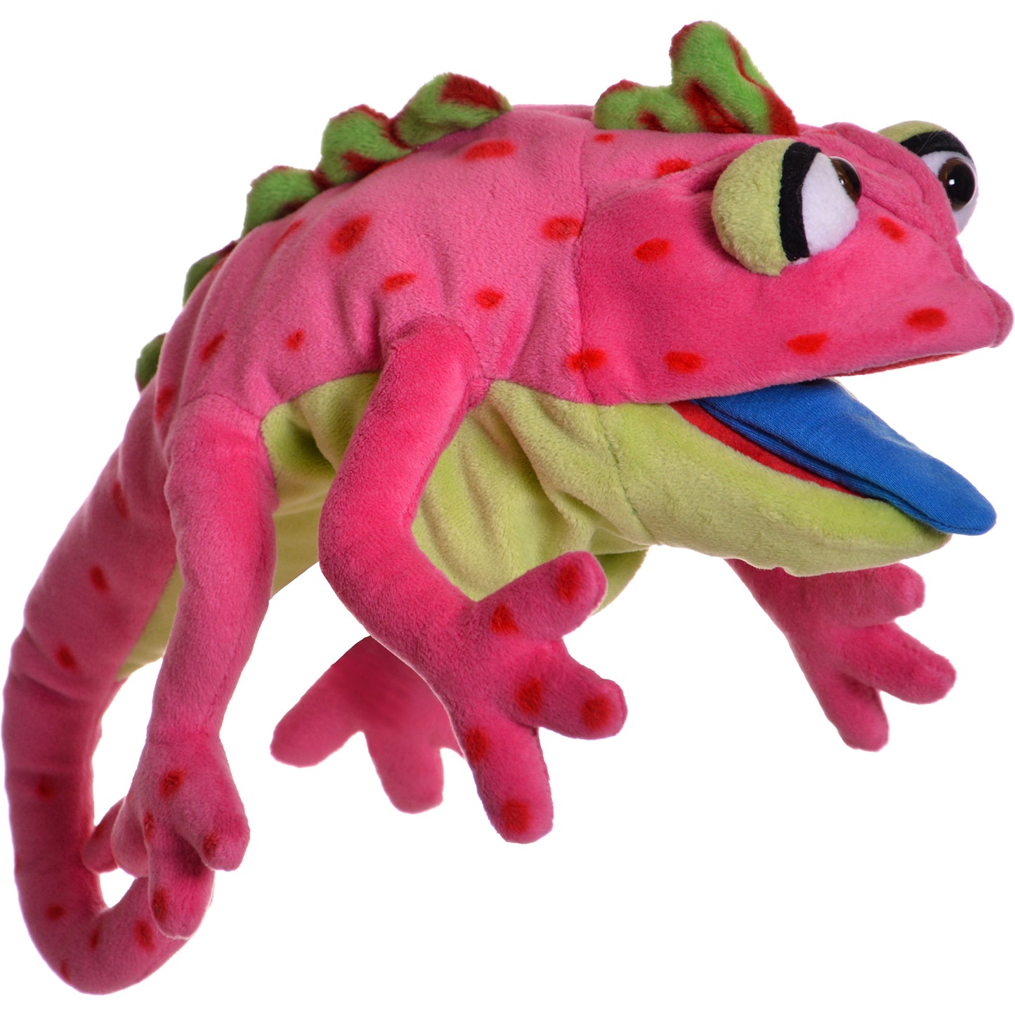 Pink plush hand puppet chameleon with green spines, red spots, lime-green belly, blue tongue, and large expressive eyes