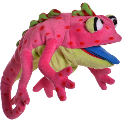 Pink plush hand puppet chameleon with green spines, red spots, lime-green belly, blue tongue, and large expressive eyes