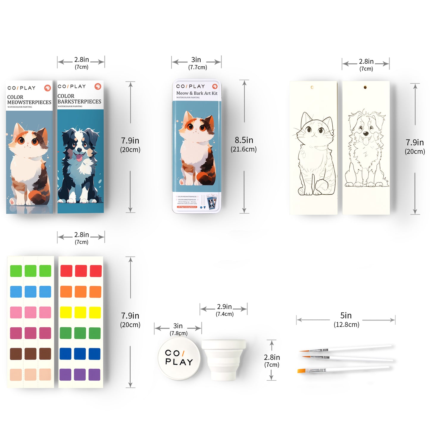 COIPLAY Meow & Bark Watercolor Art Kit with cat and dog paintings, brushes, and colorful paint palette