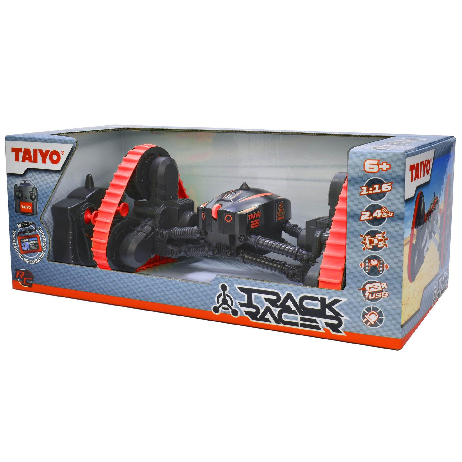 Taiyo Track Racer red and black remote-controlled vehicle with red track sections and wireless controller, displayed in packaging
