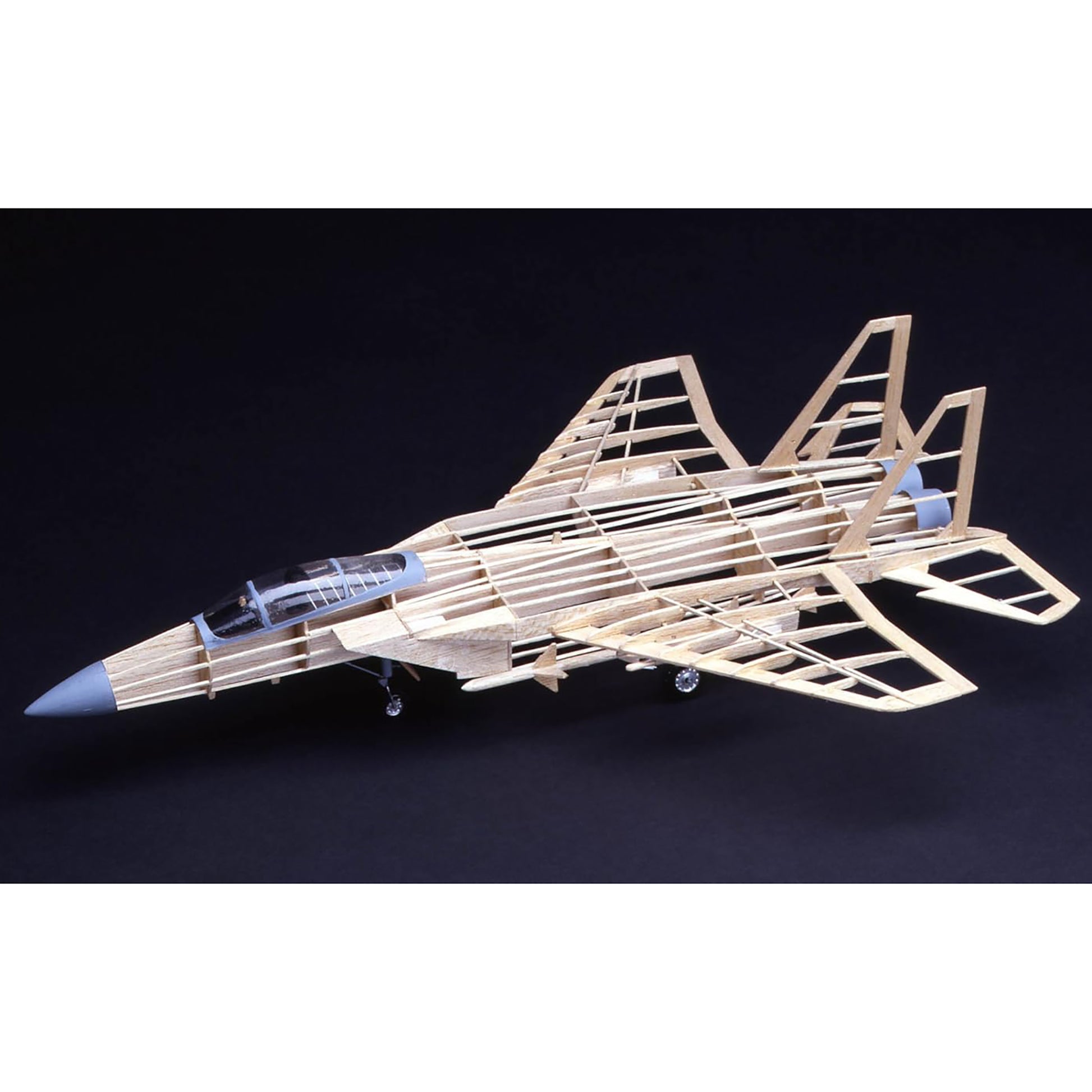 F-15 Eagle Model Kit with wooden frame structure and blue cockpit details