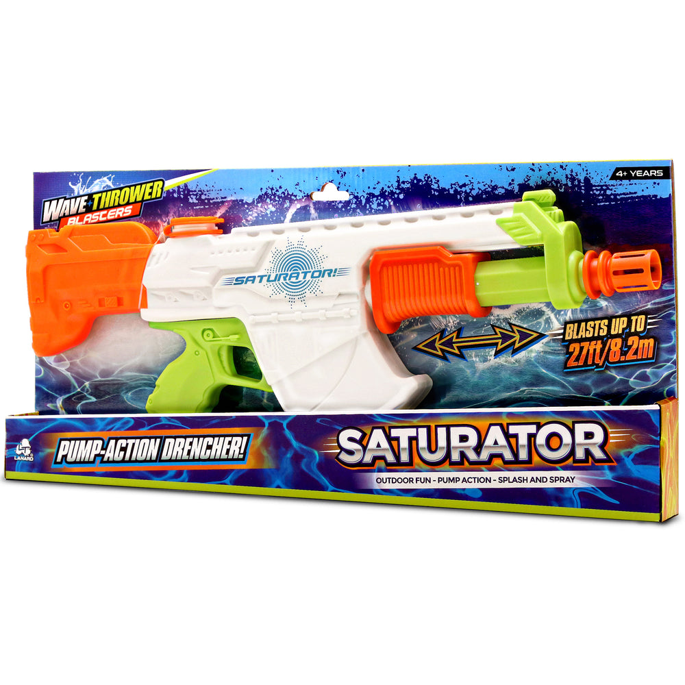 Saturator water blaster toy with orange, white and lime green colors, pump-action drencher