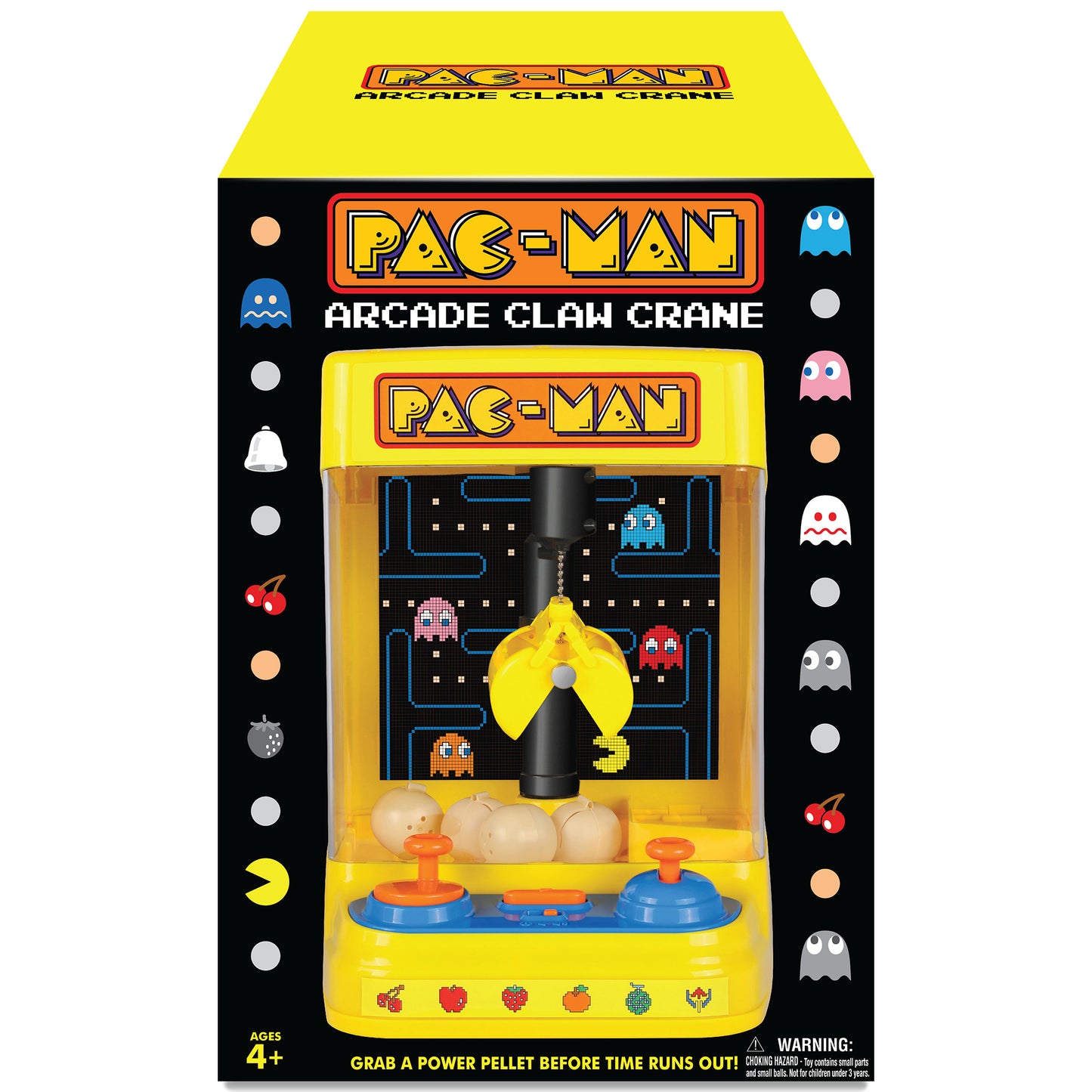 Pac-Man Arcade Claw Crane toy with yellow claw, game screen, and collectible pellets
