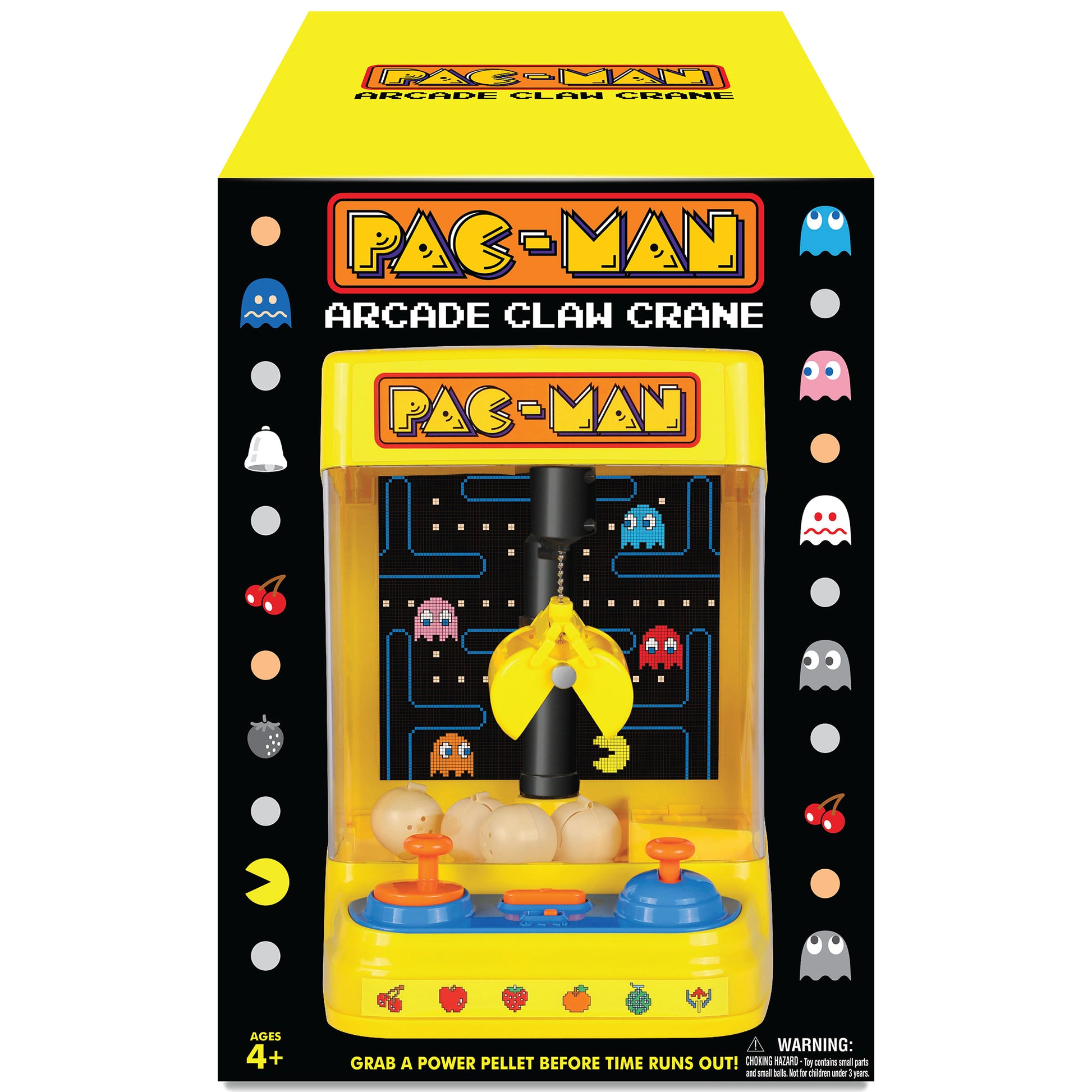 Pac-Man Arcade Claw Crane toy with yellow claw, game screen, and collectible pellets