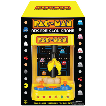 Pac-Man Arcade Claw Crane toy with yellow claw, game screen, and collectible pellets
