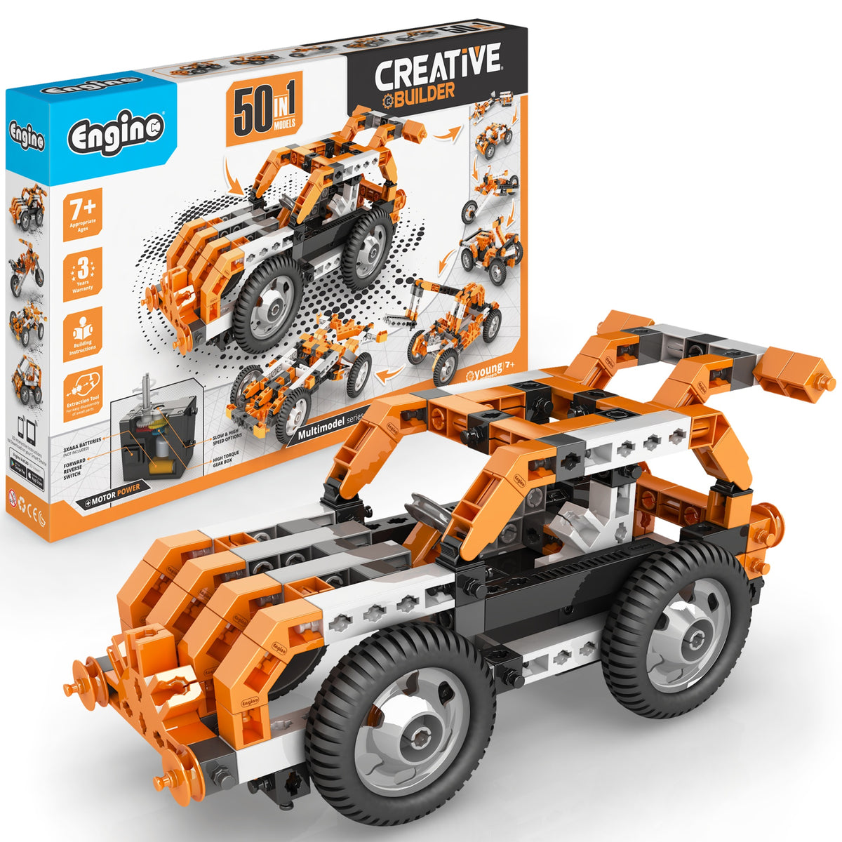 Engino Creative Builder 50-in-1 motorized orange and white construction vehicle set with box