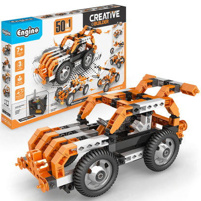 Engino Creative Builder 50-in-1 motorized orange and white construction vehicle set with box