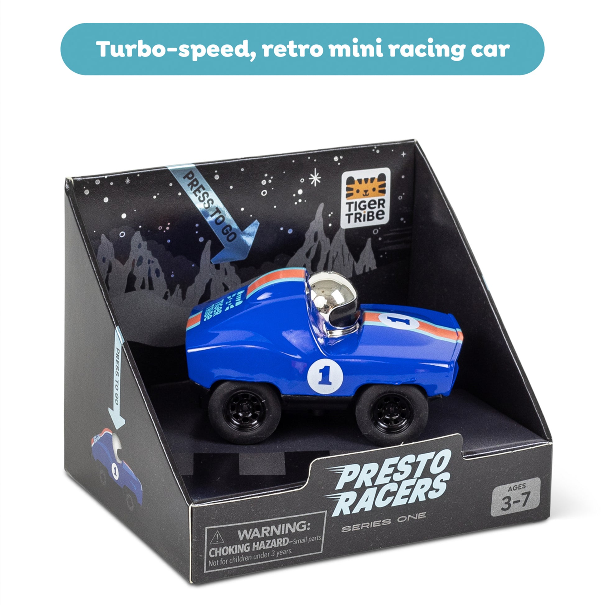 Tiger Tribe Presto Racers blue retro mini racing car with number 1, press-to-go turbo action