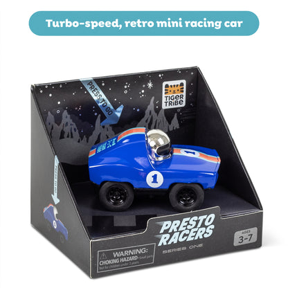 Tiger Tribe Presto Racers blue retro mini racing car with number 1, press-to-go turbo action