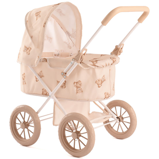 Roma Teddy My First Doll Pram in beige with teddy bear print and wheeled base