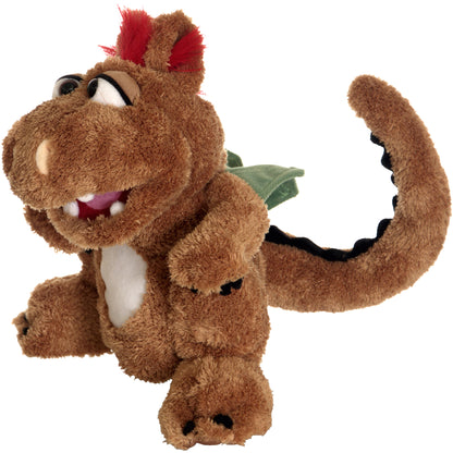 Brown plush hand puppet with red and tan mohair crest, white belly, green cape, articulated mouth, and poseable tail