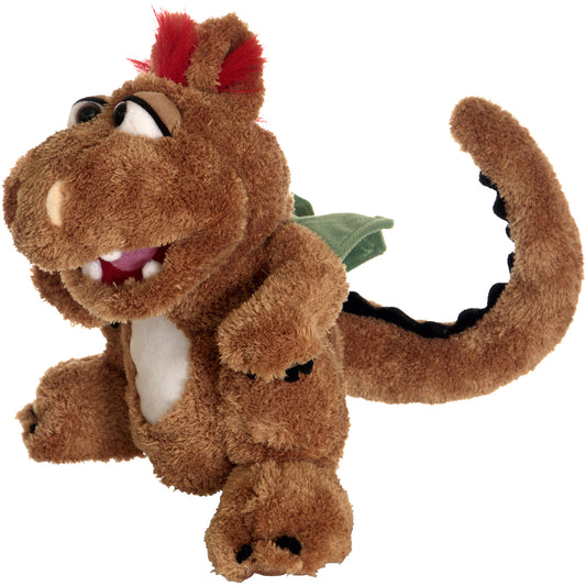 Brown plush hand puppet with red and tan mohair crest, white belly, green cape, articulated mouth, and poseable tail